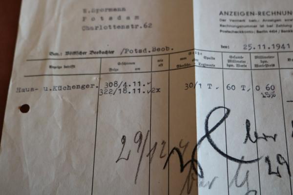 Anzeigenrechnung des Zentralverlages der NSDAP 1941